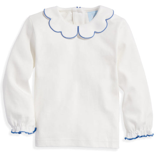 Bella Bliss Long Sleeve Pima Scallop Collar Tee- Ivory with Sapphire