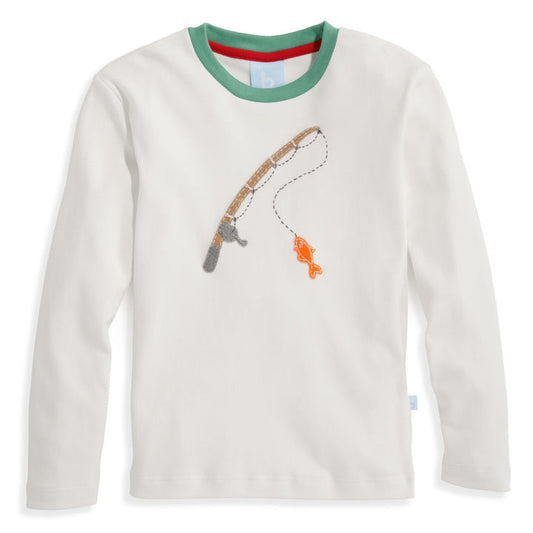 Solid Long Sleeve Applique Tee- Ivory with Fishing Pole