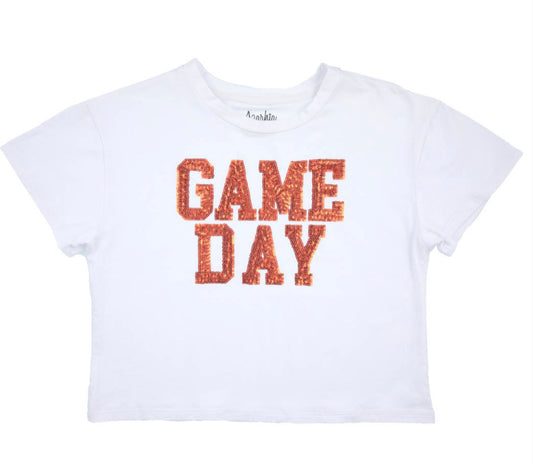 Sequin Game Day Orange on Boxy T’ in White