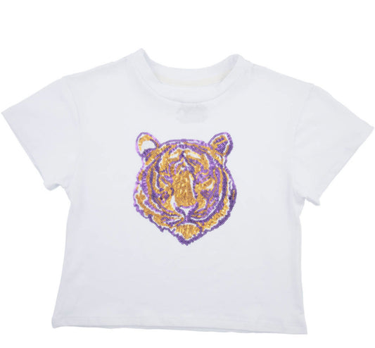 Sequin Tiger Face Purple & Gold Boxy T’ in White