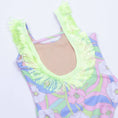 Load image into Gallery viewer, Groovy Daisy Swirl Fringe Back Girls One Piece Swimsuit
