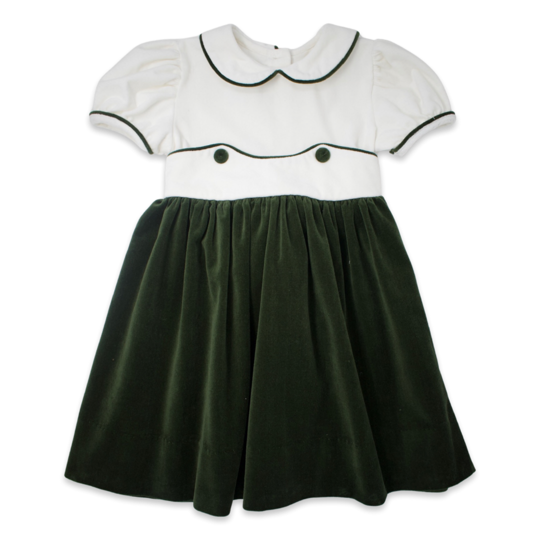 May May Dress - White, Green Velvet Holly