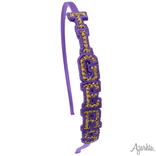 TIGERS purple gold written out Rhinestone Patch Headband