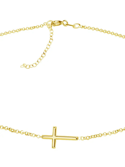 14K Gold-Plated Girls Horizontal Cross Necklace Kids & Women
