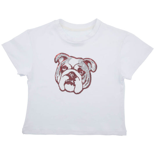 Sequin Bulldog in Maroon on Shirt in White