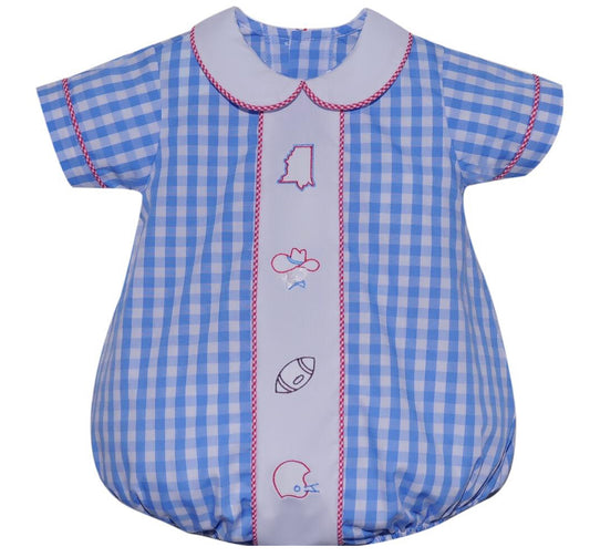 Ole Miss Embroidery Boy Bubble -Blue Gingham