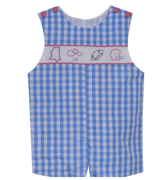 Ole Miss Embroidery Shortall- Blue Gingham