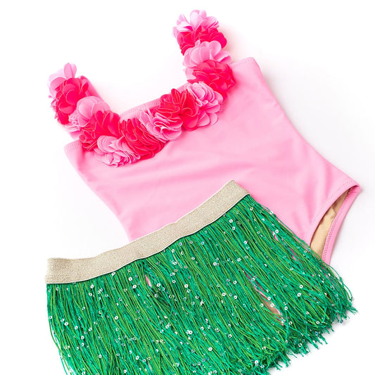 Poppy Hula Girl w/ Fringe Skirt Girls One Piece Swimsuit 3-10